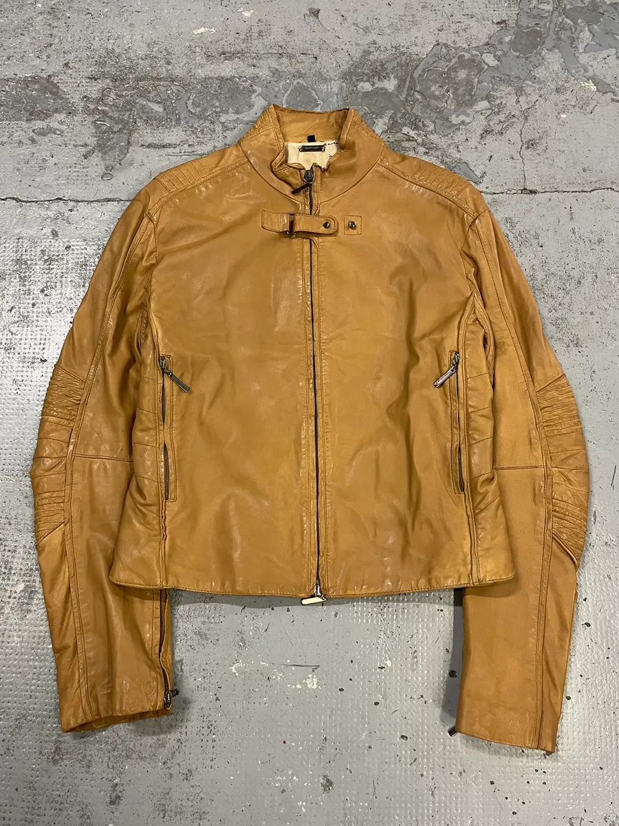2000s Roberto Cavalli Padded Moto Beige Leather Jacket - Image 4