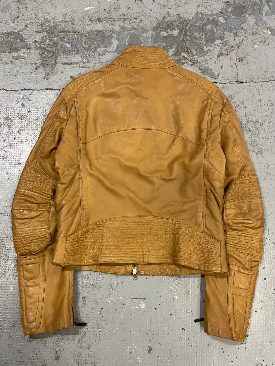 2000s Roberto Cavalli Padded Moto Beige Leather Jacket - Image 8