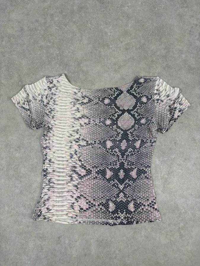 2000s Roberto Cavalli Pink Snake Print Rhinestone Short Sleeve Top - Image 5