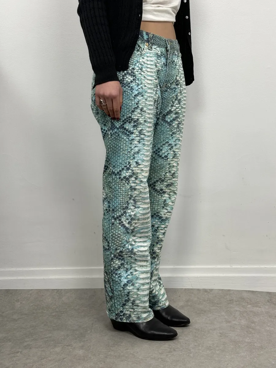 2000s Roberto Cavalli Python Snakeskin Effect Blue Pants - Image 3