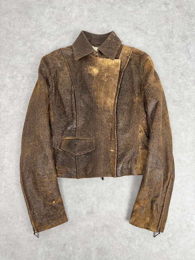 2000s Roberto Cavalli Raw Brown Leather Patchwork Lining Jacket