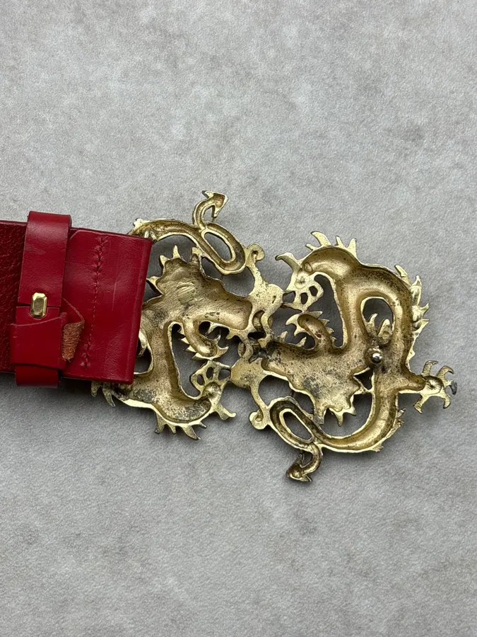2000s Roberto Cavalli Red Leather Dragon Buckle Belt - Image 9