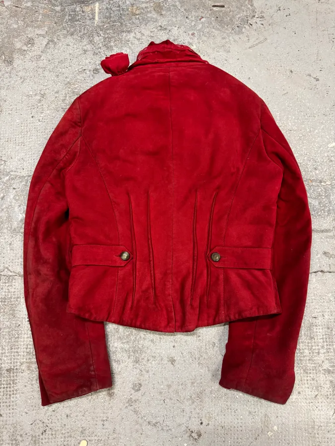 2000s Roberto Cavalli Red Roses Suede Leather Jacket - Image 3