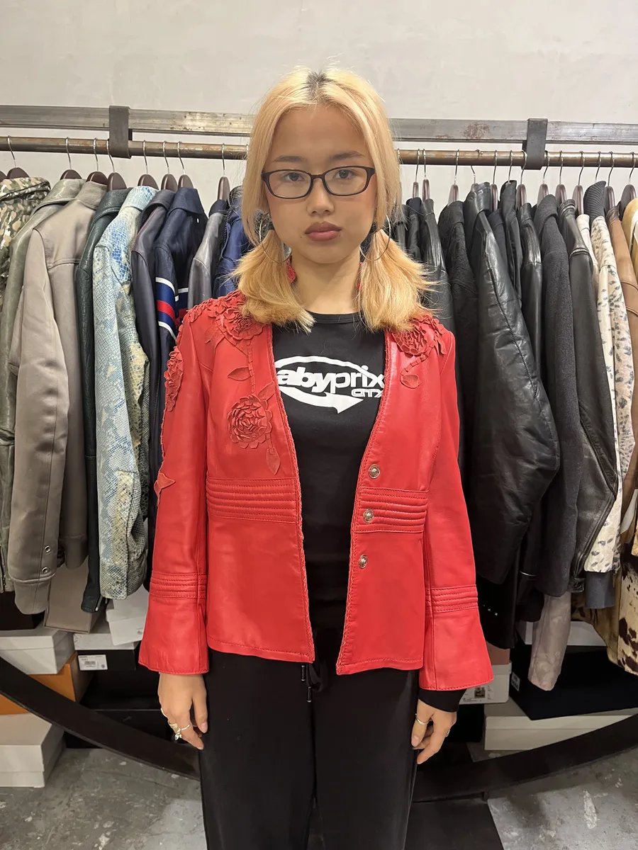 2000s Roberto Cavalli Roses Flowers Patchwork Red Leather Jacket - Image 3