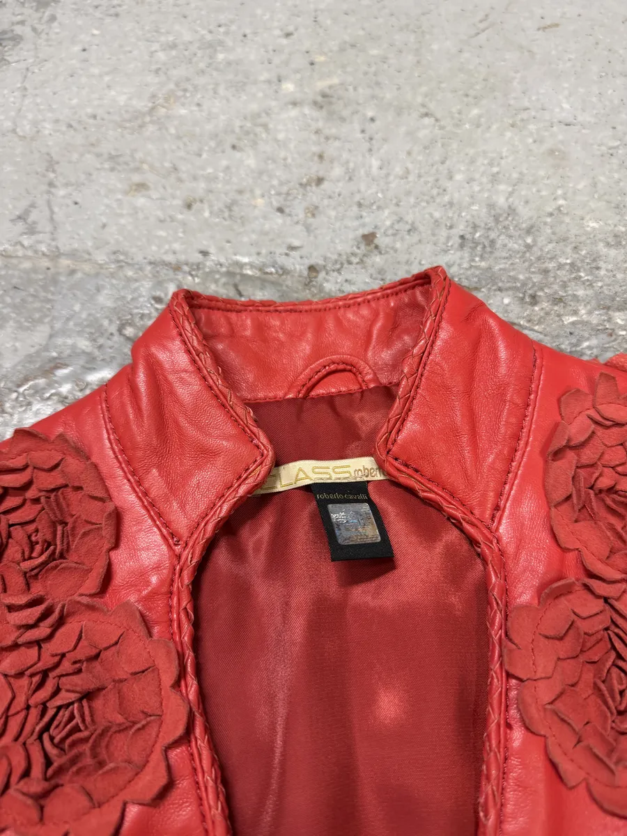 2000s Roberto Cavalli Roses Flowers Patchwork Red Leather Jacket - Image 8