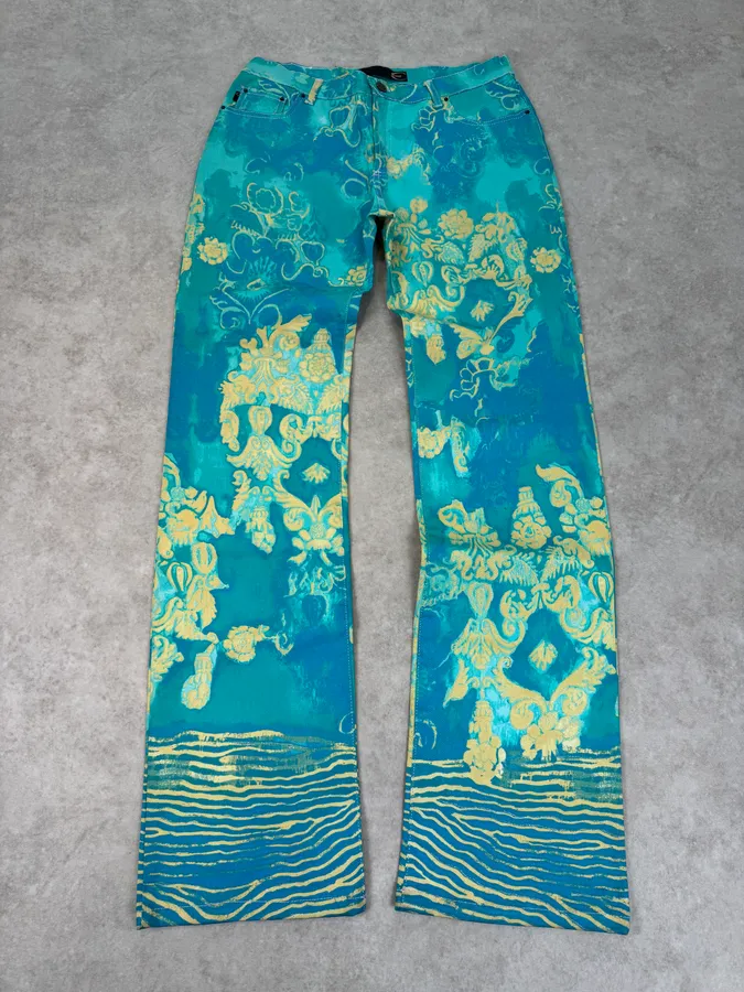 2000s Roberto Cavalli Royal Exotic Blue Turquoise Cotton Pants