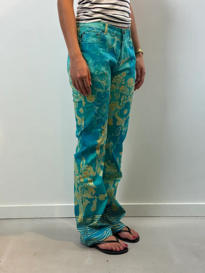2000s Roberto Cavalli Royal Exotic Blue Turquoise Cotton Pants - Image 3