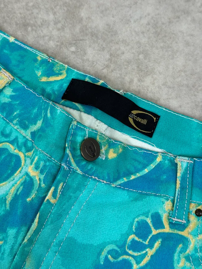 2000s Roberto Cavalli Royal Exotic Blue Turquoise Cotton Pants - Image 9