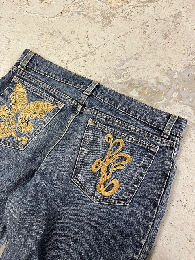 2000s Roberto Cavalli Royal Golden Molding Embroidered Denim Jeans - Image 5