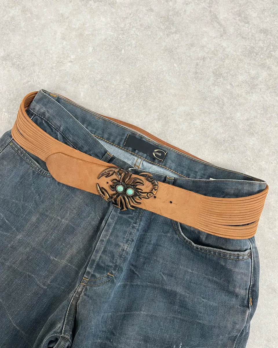 2000s Roberto Cavalli Scorpio Fringe Beige Leather Belt