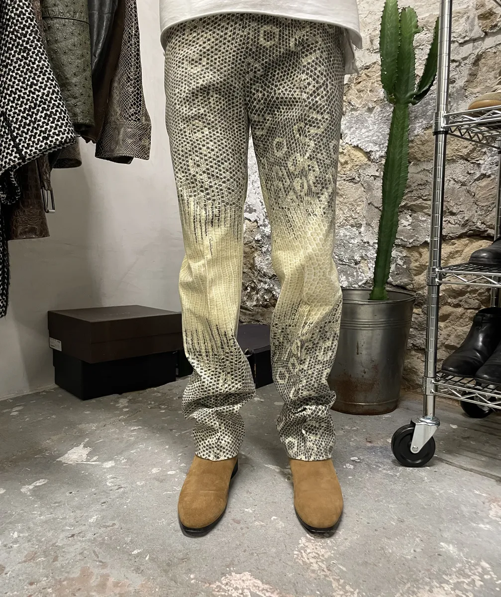 2000s Roberto Cavalli Snakeskin Effect Beige Pattern Pants
