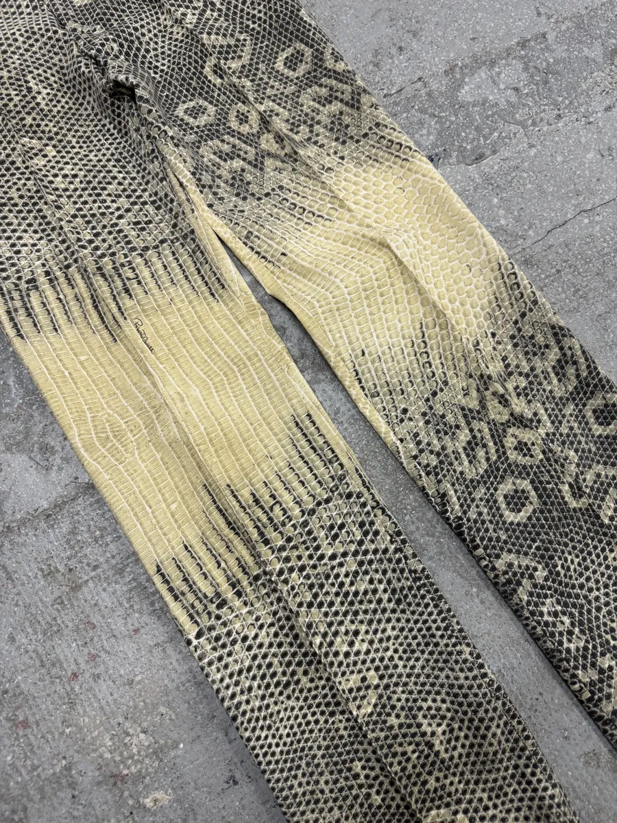 2000s Roberto Cavalli Snakeskin Effect Beige Pattern Pants - Image 5
