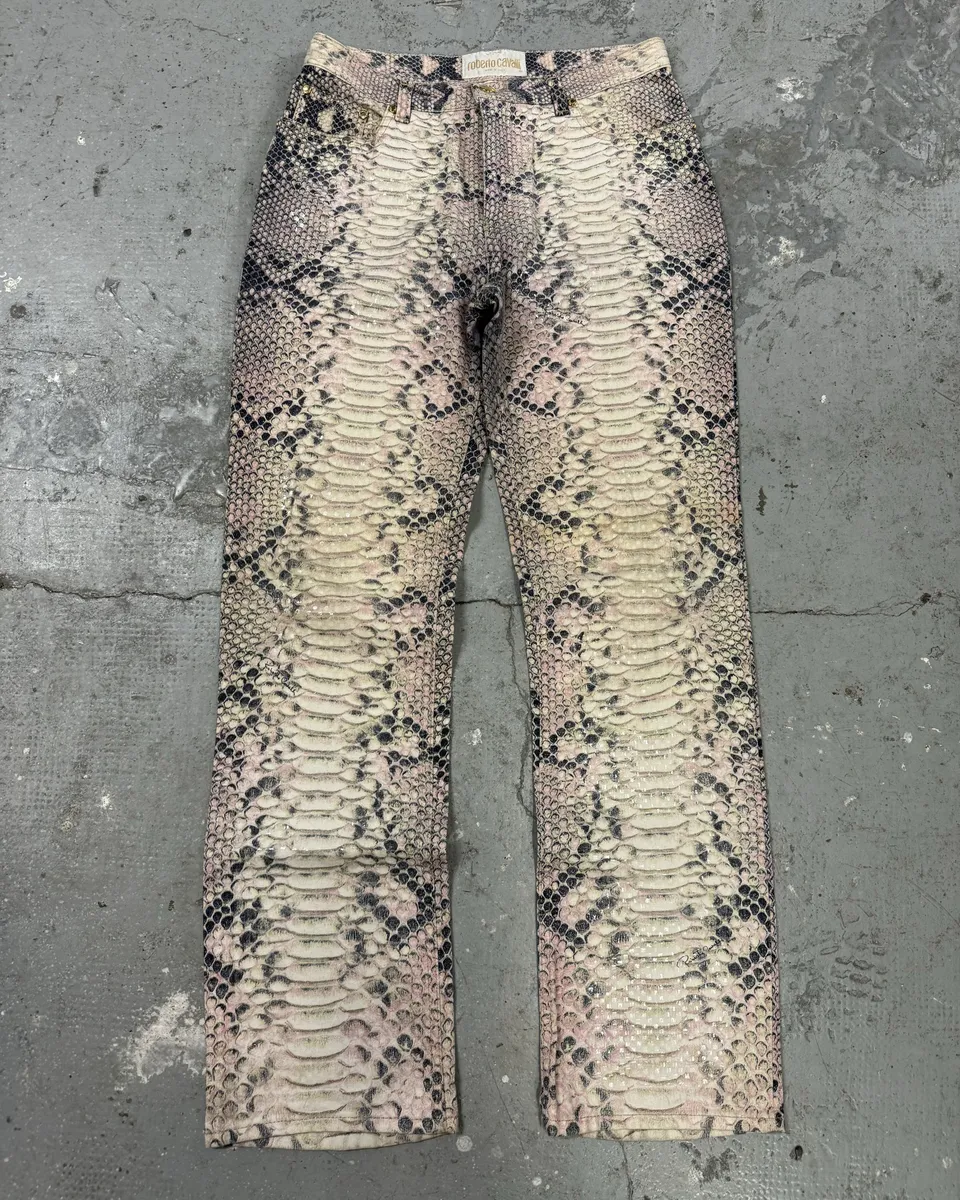 2000s Roberto Cavalli Snakeskin Effect Pink Shadow Pants - Image 2