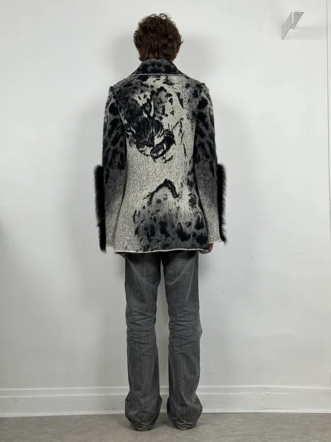 2000s Roberto Cavalli Snow Leopard Fur Wool & Mohair Collar Cardigan Jacket - Image 3