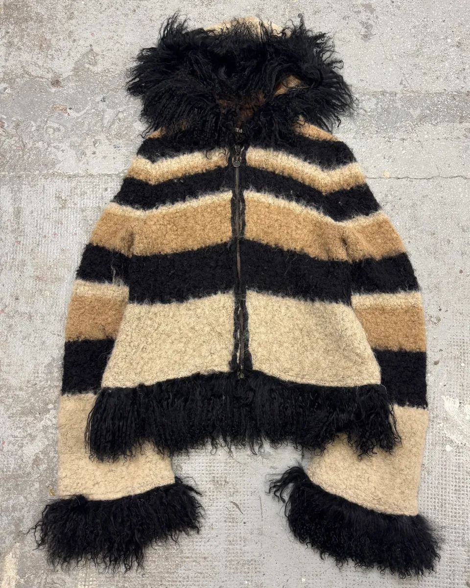 2000s Roberto Cavalli Striped Knit Distressed Zip-up Sweater