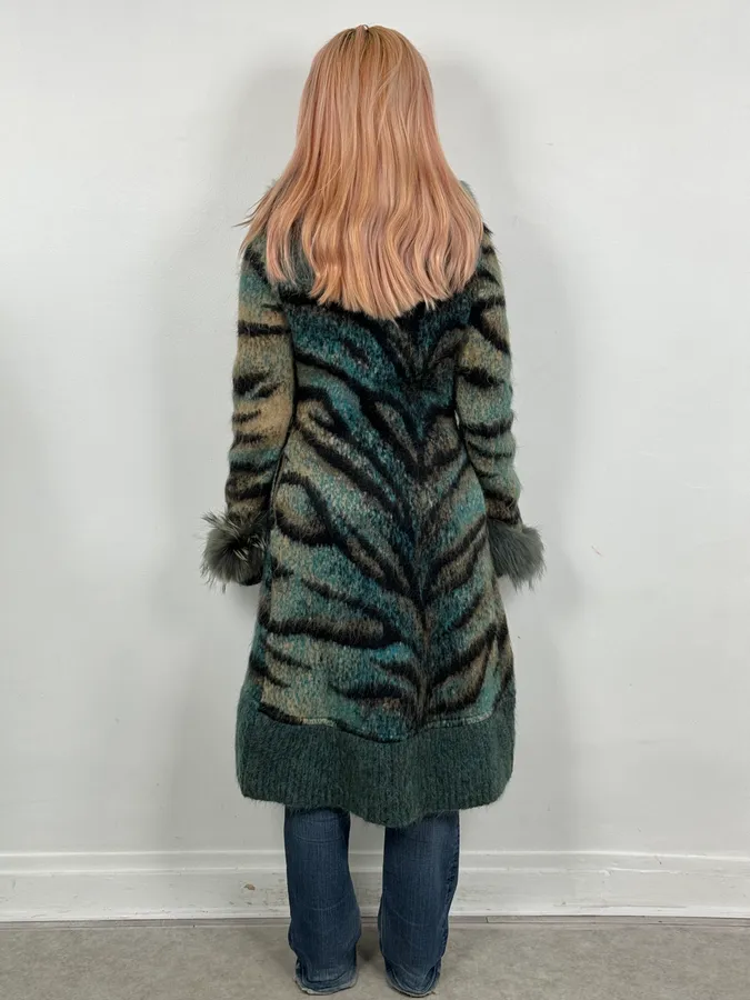 2000s Roberto Cavalli Turquoise Wool Abstract Savage Fur Coat - Image 3