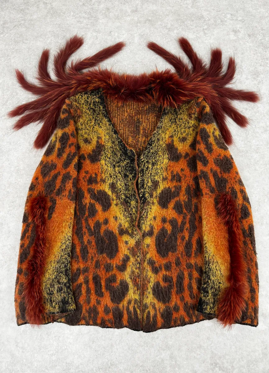 2000s Roberto Cavalli Vulcano Orange Leopard Fur Collar Mohair & Wool Cardigan Jacket - Image 2