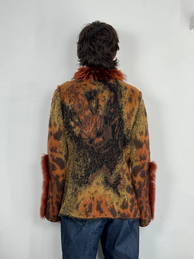 2000s Roberto Cavalli Vulcano Orange Leopard Fur Collar Mohair & Wool Cardigan Jacket - Image 4