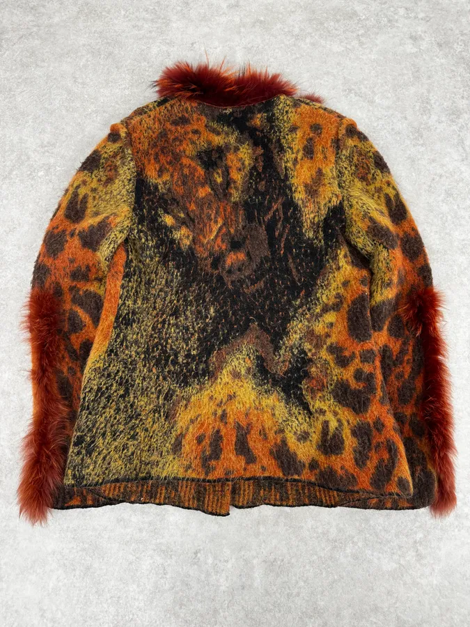 2000s Roberto Cavalli Vulcano Orange Leopard Fur Collar Mohair & Wool Cardigan Jacket - Image 5