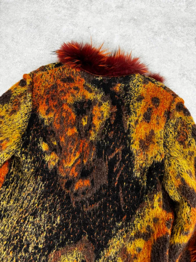 2000s Roberto Cavalli Vulcano Orange Leopard Fur Collar Mohair & Wool Cardigan Jacket - Image 8