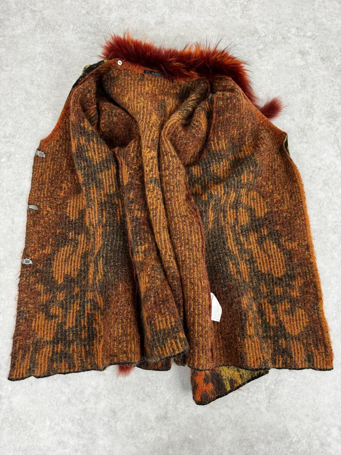 2000s Roberto Cavalli Vulcano Orange Leopard Fur Collar Mohair & Wool Cardigan Jacket - Image 9