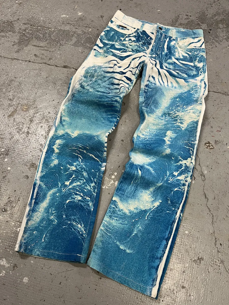 2000s Roberto Cavalli Wave Blue Aqua Tide Pants - Image 7
