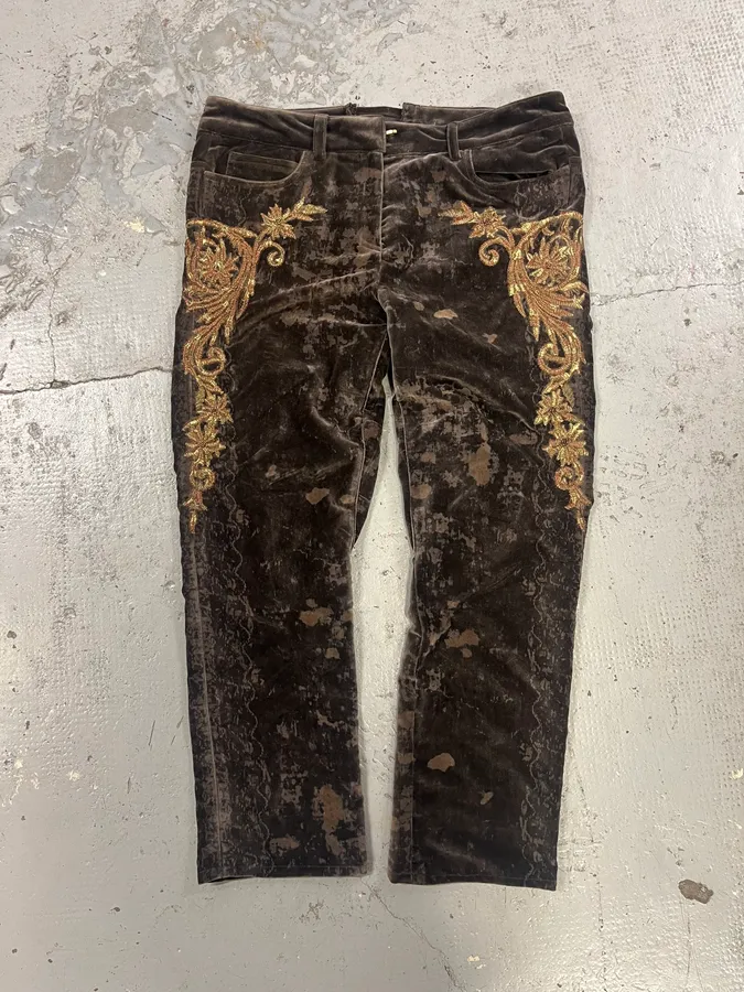 2000s Roberto Cavalli Wings Brown Velvet Pants - Image 2