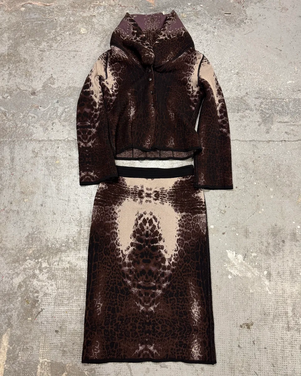 2000s Roberto Cavalli Wool Abstract Leopard Pattern Skirt & Jacket Set