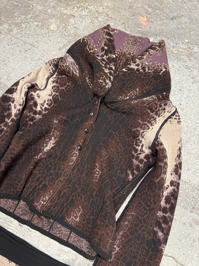 2000s Roberto Cavalli Wool Abstract Leopard Pattern Skirt & Jacket Set - Image 4