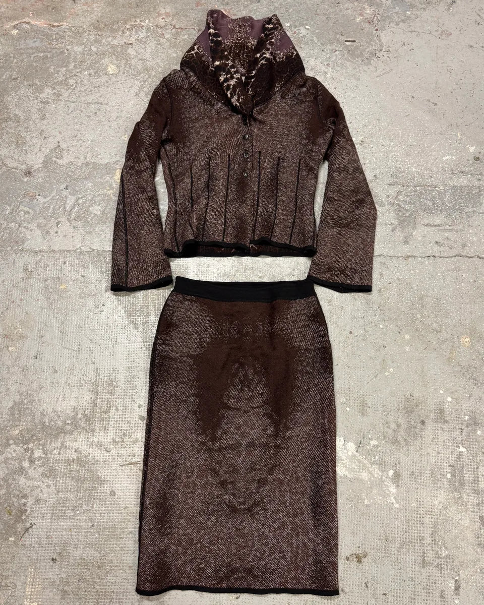 2000s Roberto Cavalli Wool Abstract Leopard Pattern Skirt & Jacket Set - Image 5