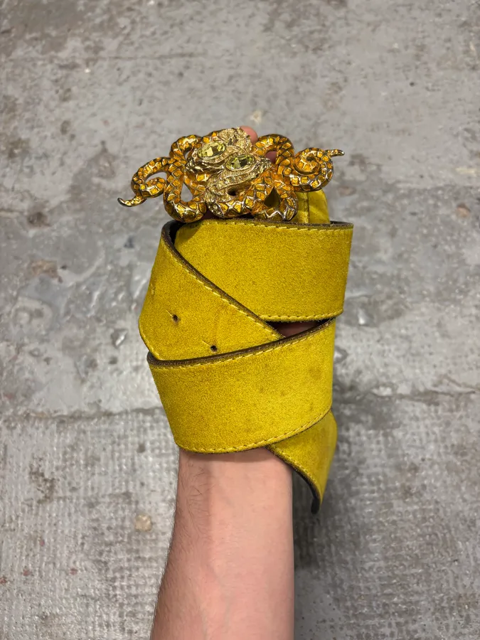 2000s Roberto Cavalli Yellow Suede Leather Embellished Buckle Belt - Image 5