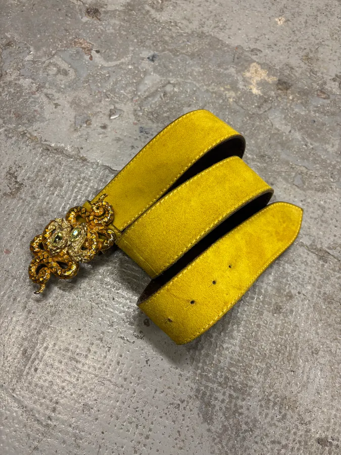 2000s Roberto Cavalli Yellow Suede Leather Embellished Buckle Belt - Image 6