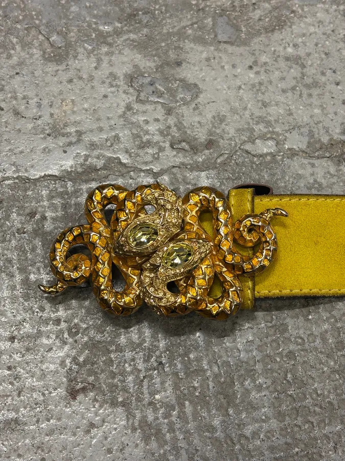 2000s Roberto Cavalli Yellow Suede Leather Embellished Buckle Belt - Image 7
