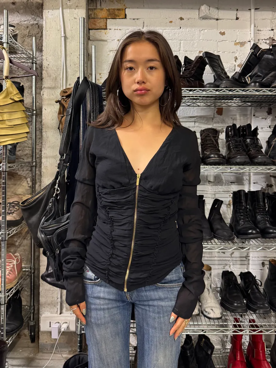 2000s Roberto Cavalli Zip Soft Black Longsleeves Top - Image 2