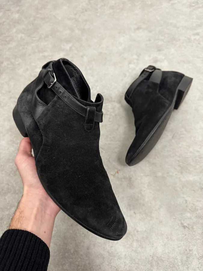 2000s Saint Laurent Black Suede Low Buckle Boots