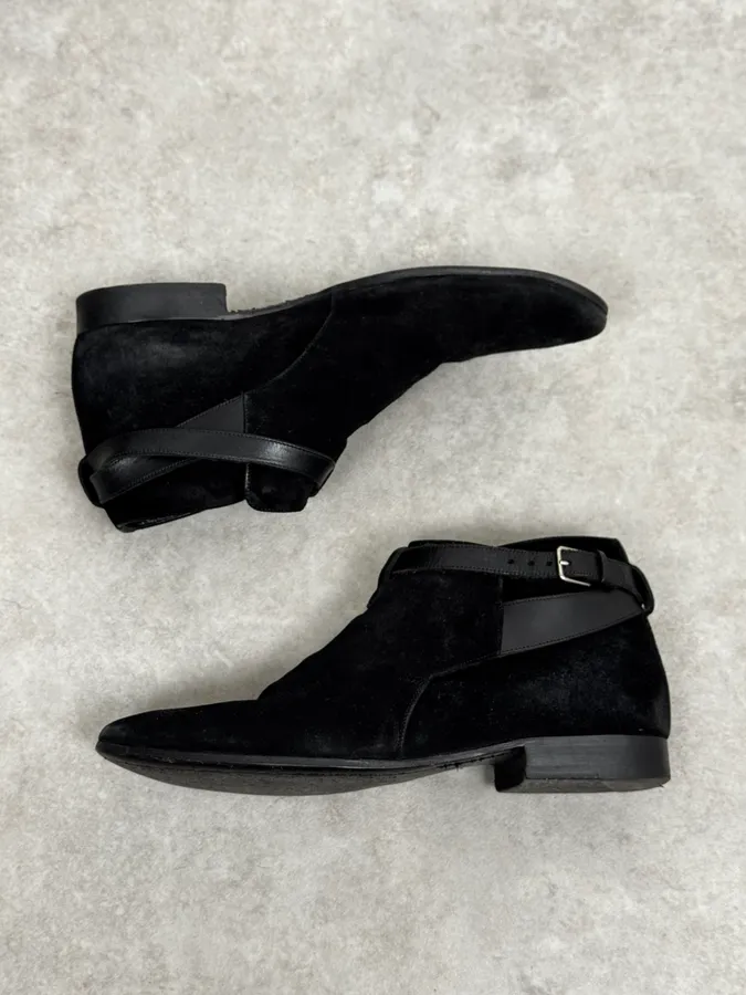 2000s Saint Laurent Black Suede Low Buckle Boots - Image 2