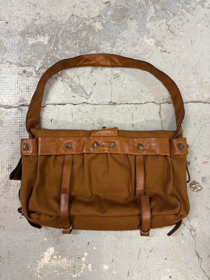 2000s Saint Laurent Hybrid Leather Studded Brown Handle Bag - Image 4