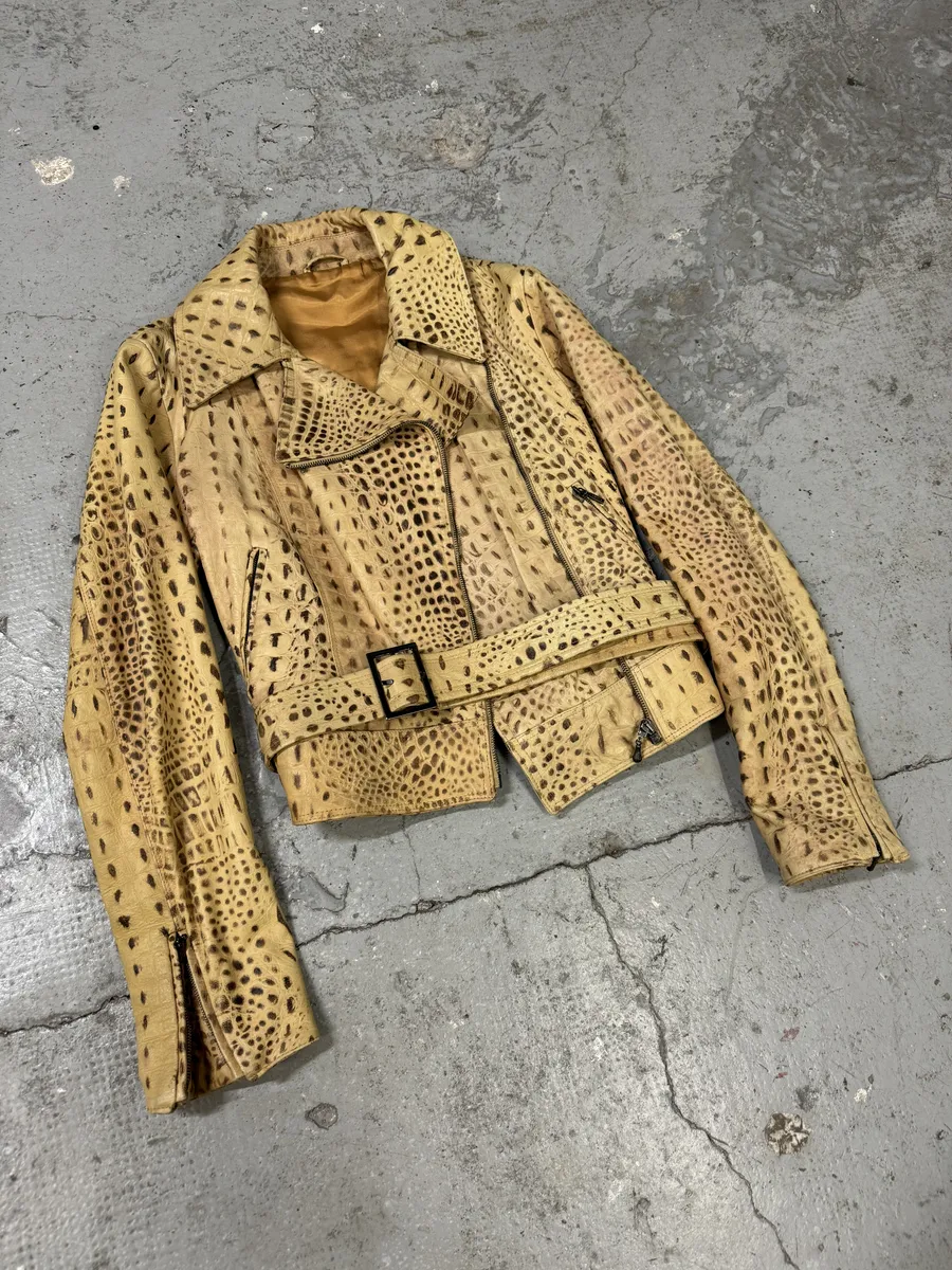 2000s Versace Beige Crocodile Effect Leather Perfecto Jacket - Image 3