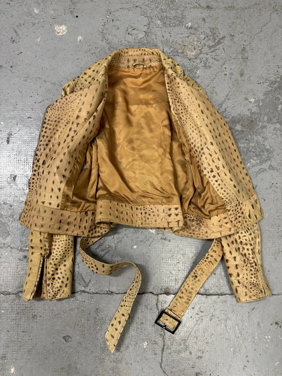 2000s Versace Beige Crocodile Effect Leather Perfecto Jacket - Image 4