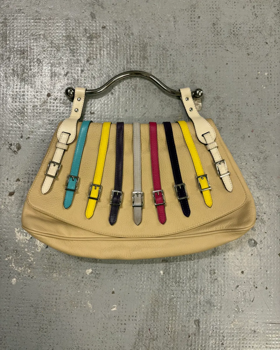2000s Versace Beige Leather Multicolore Multi-Strap Handle Bag
