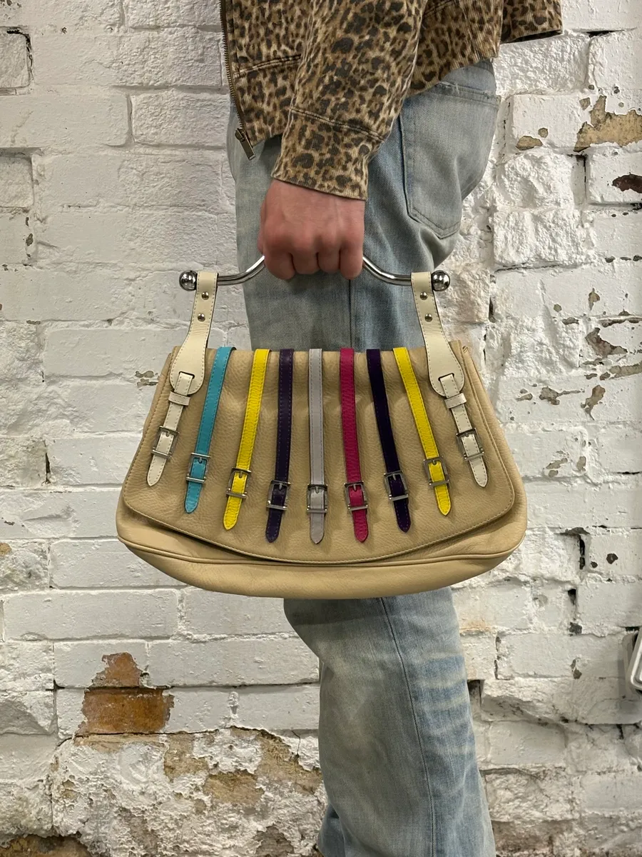 2000s Versace Beige Leather Multicolore Multi-Strap Handle Bag - Image 2