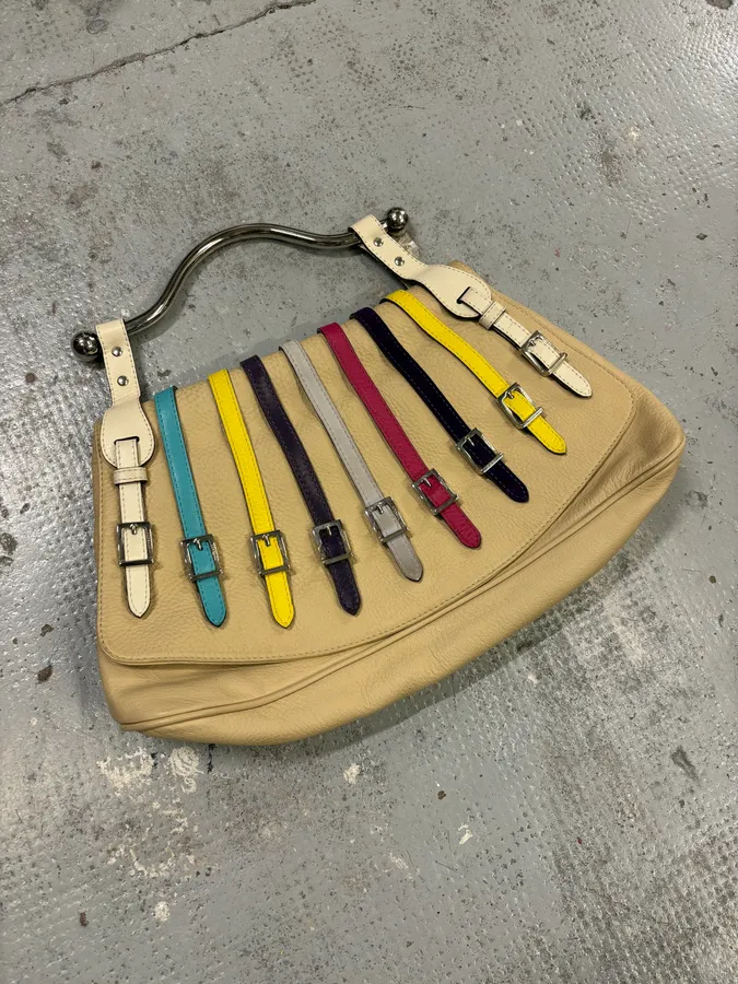 2000s Versace Beige Leather Multicolore Multi-Strap Handle Bag - Image 4