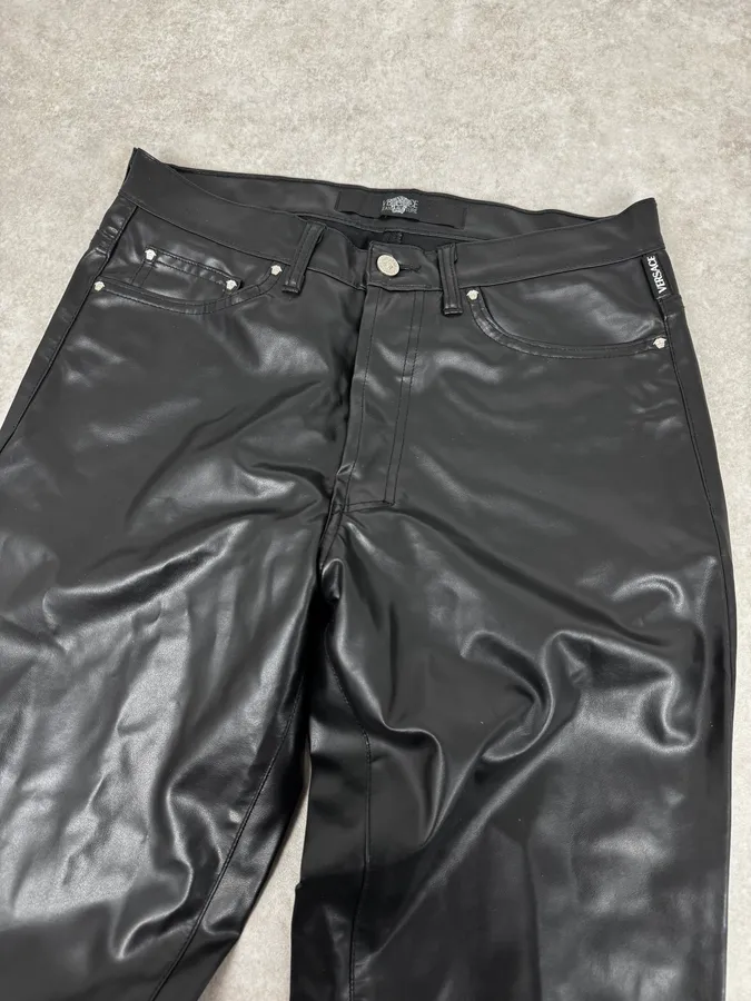 2000s Versace Black Eco Slim Leather Biker Pants - Image 6