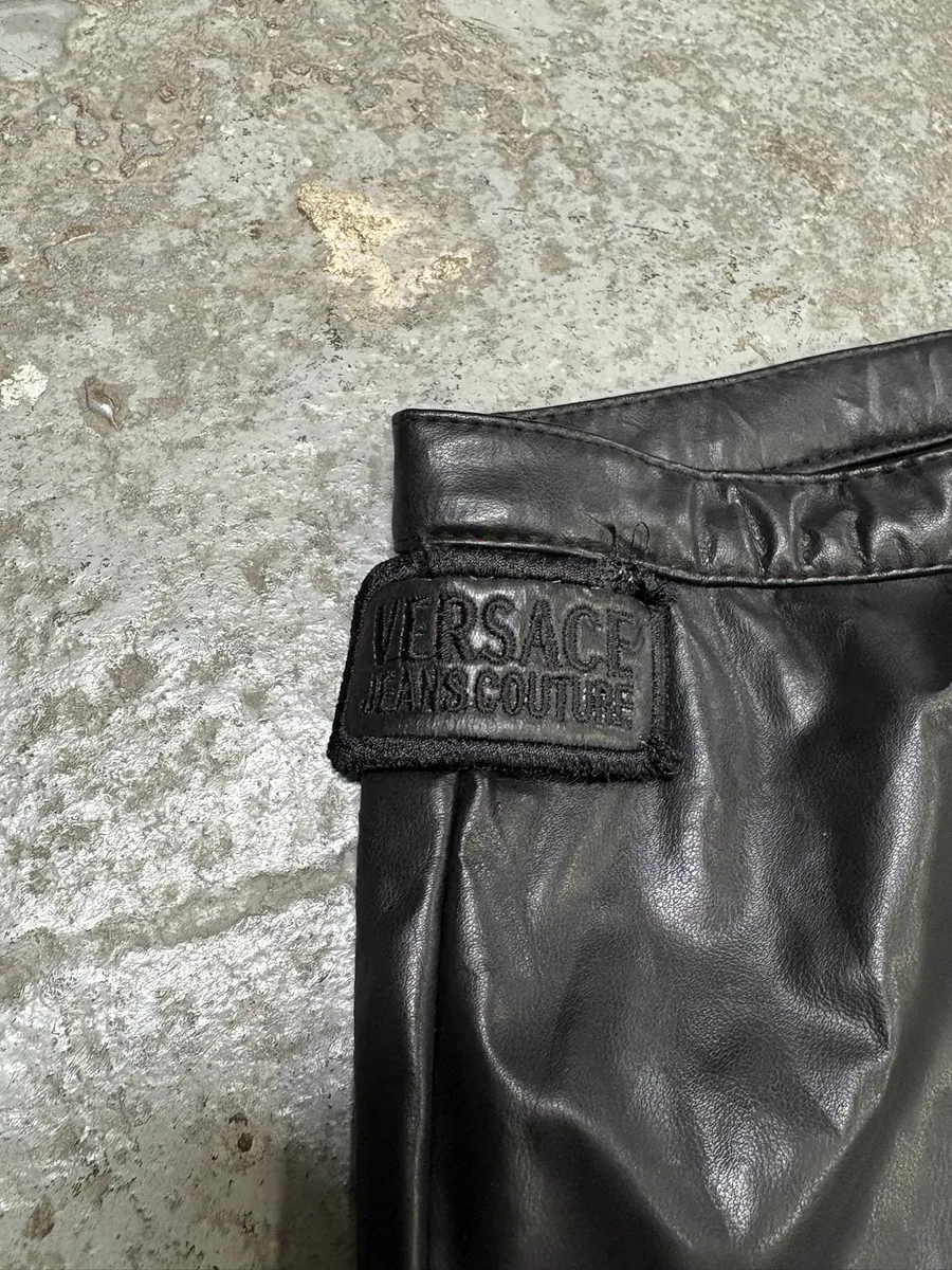 2000s Versace Black Leather Pony Hair Leg Opening Pants - Image 10