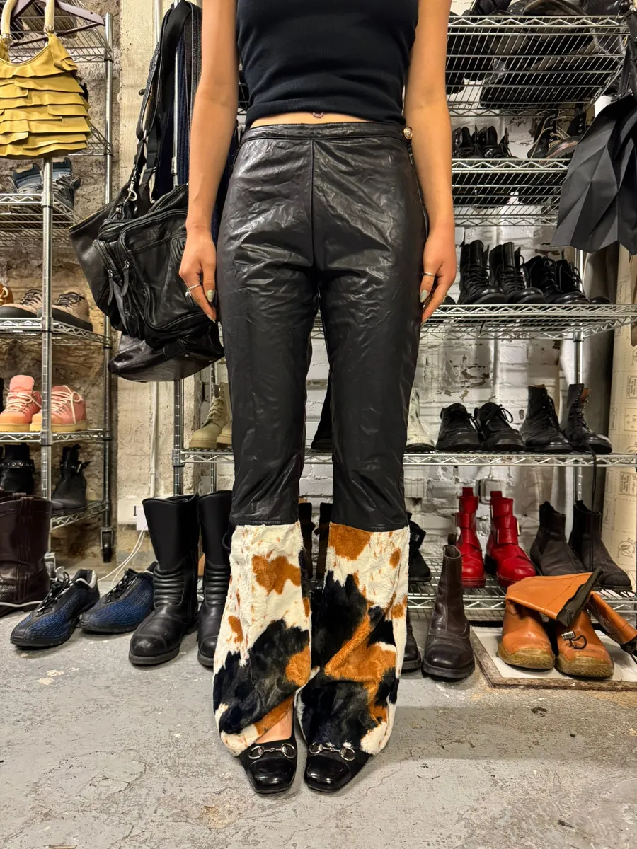 2000s Versace Black Leather Pony Hair Leg Opening Pants - Image 3