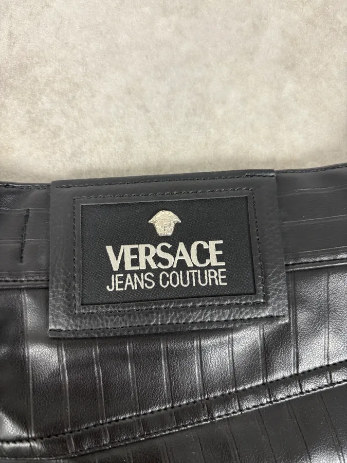 2000s Versace Black Lined Faux Leather Pants - Image 10