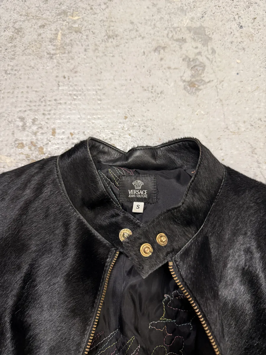 2000s Versace Black Pony Hair Leather Corset Laced Jacket - Image 12