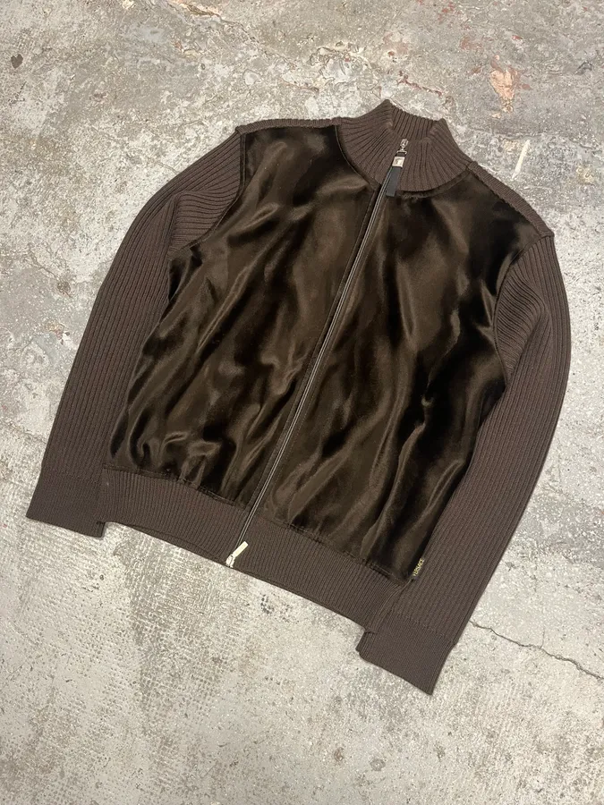 2000s Versace Brown Pony Hair Hybrid Zip-Up Sweater - Image 4