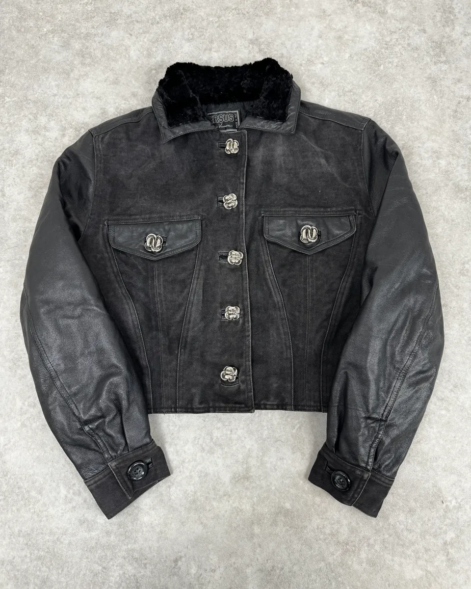 2000s Versace Buttoned Hybrid Denim & Leather Jacket