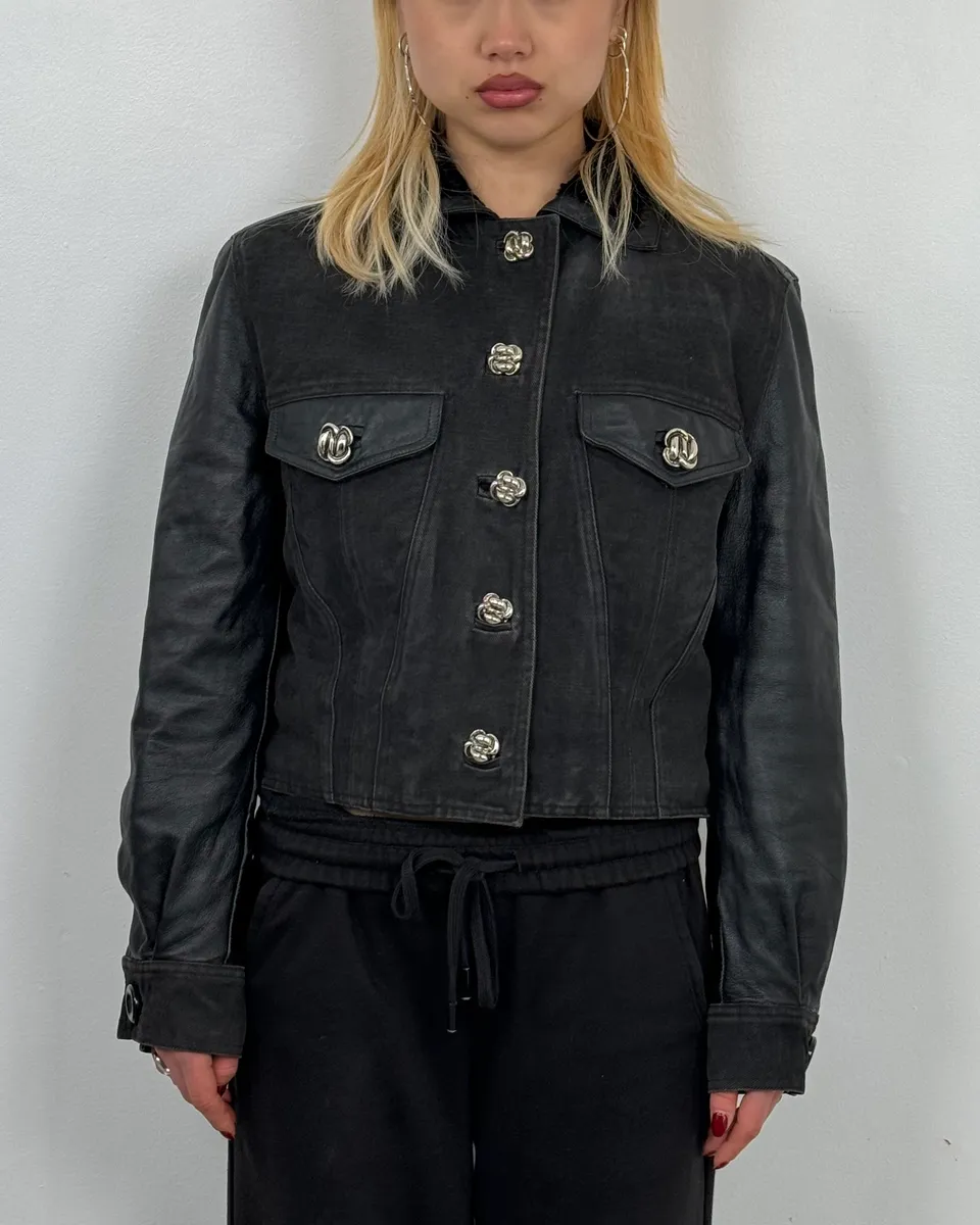 2000s Versace Buttoned Hybrid Denim & Leather Jacket - Image 2